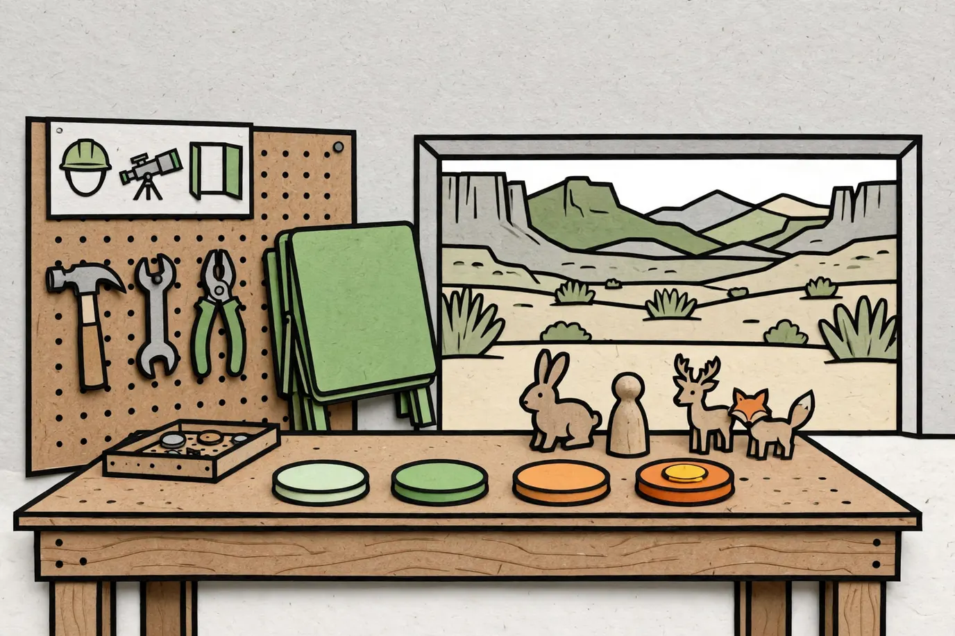 Four round seasonal tokens in a row on a workbench with small wooden animal pawns beside them