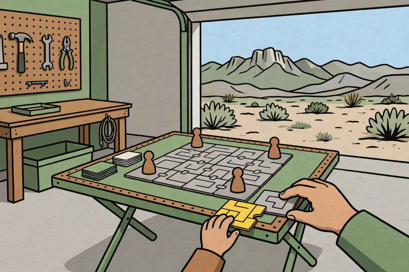 An adult hand and a child's hand sliding a maze tile into a square tile board with four pawns on a garage table