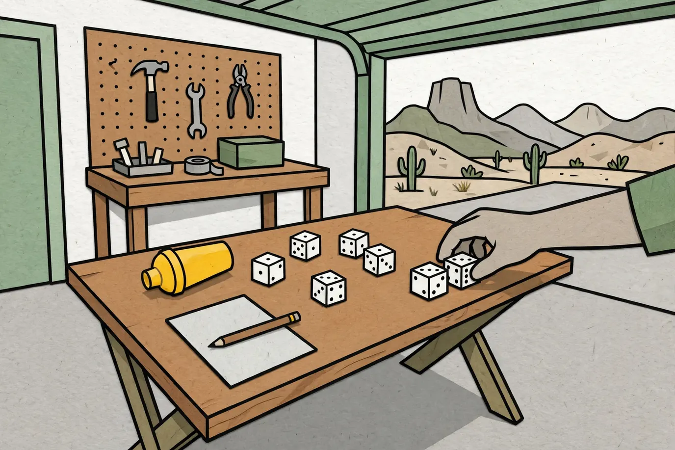 Six dice on a folding table, two set aside in a row, next to a tipped dice cup and a blank score pad
