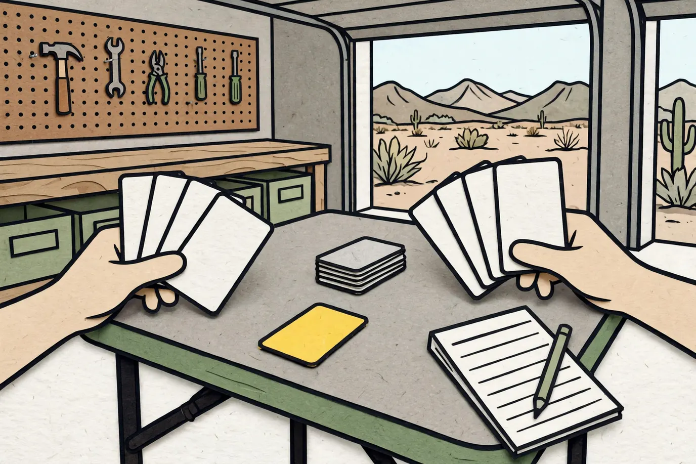 Two hands holding fanned playing cards over a folding table with a draw pile, one face-up discard and a score pad