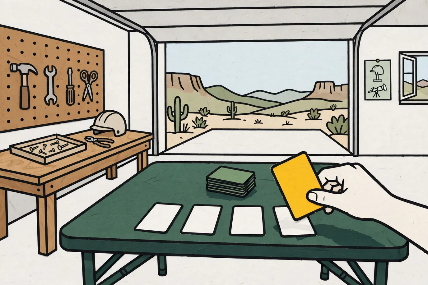 A hand flipping the next card from a draw pile onto a short row of face-up cards on a folding table