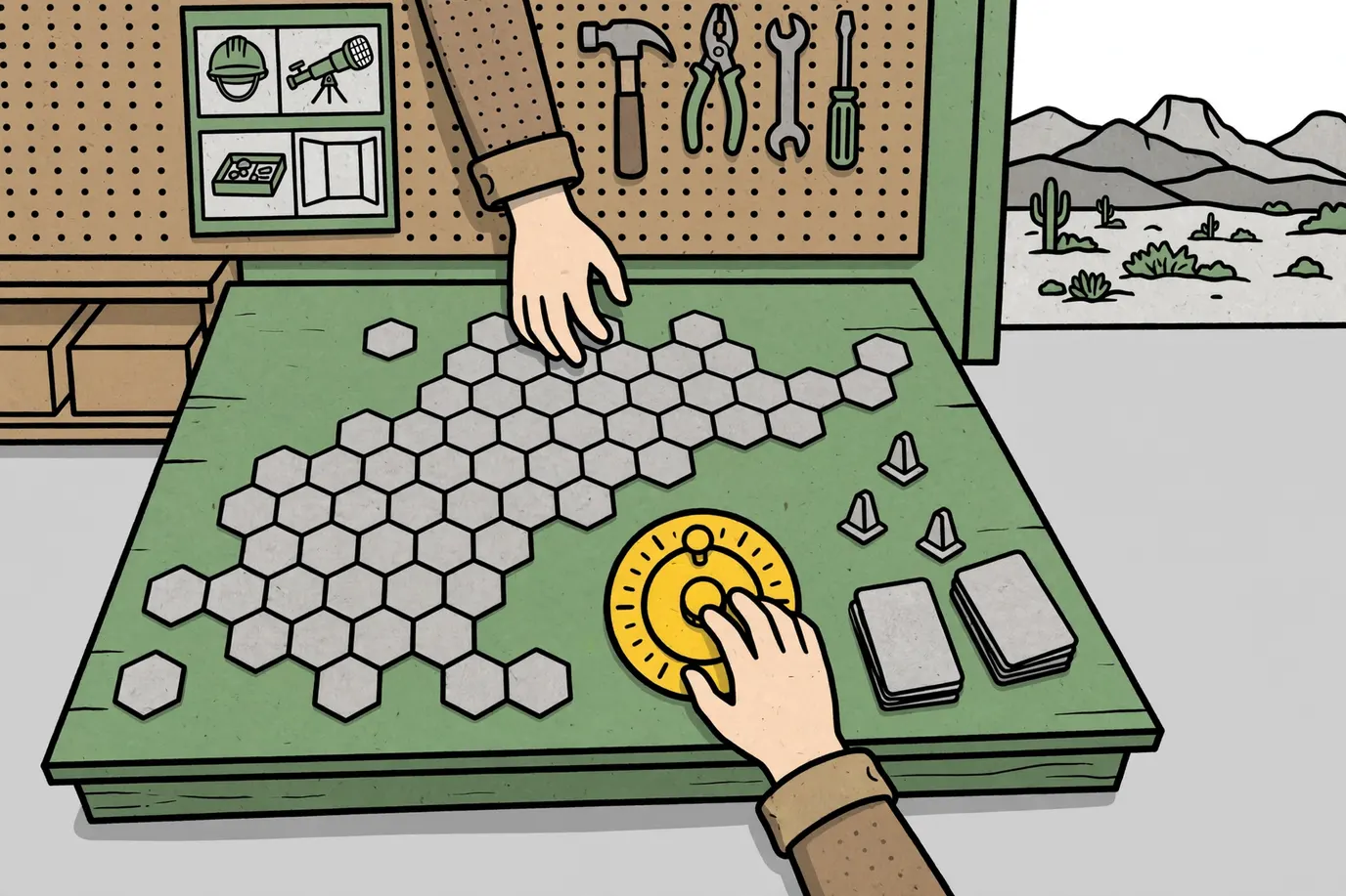 A garage worktable with hexagon map tiles, small stand-up tokens, face-down cards and a round dial laid out for a long board game