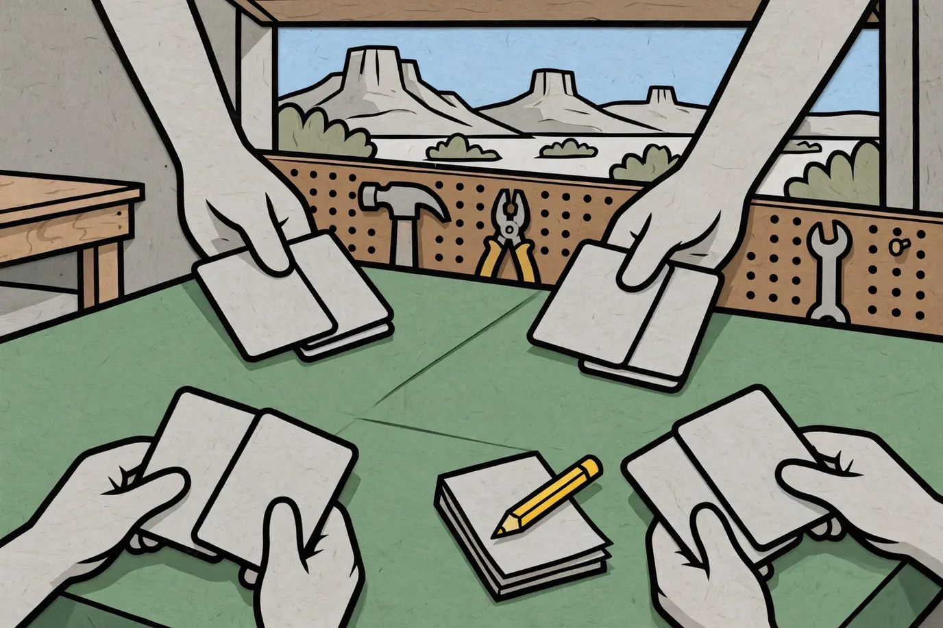 Four pairs of face-down cards placed at the edge of a game table, one card set on top of the other in each pair