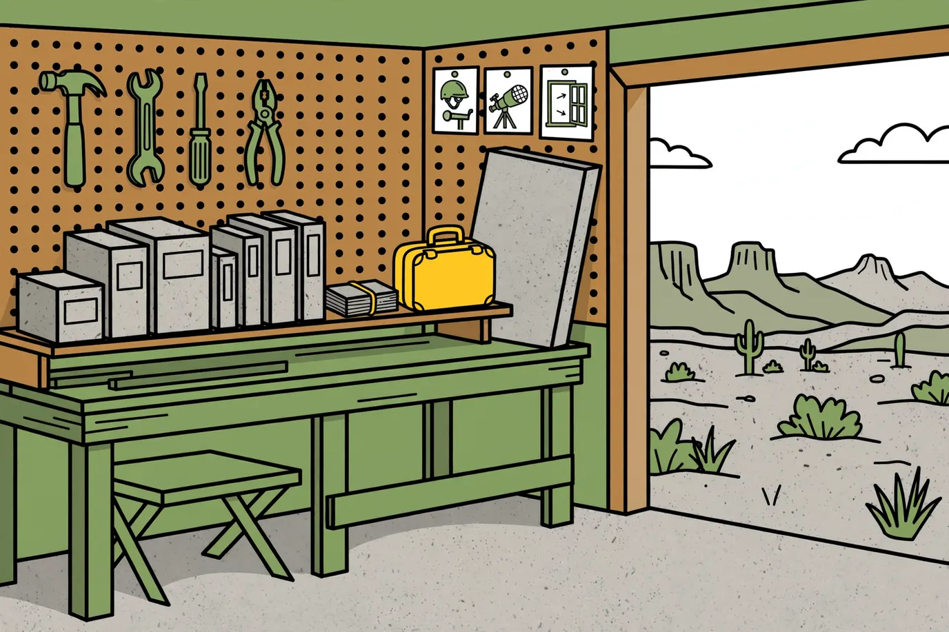 A garage shelf with several plain guessing-game boxes, a small travel case, a card deck and one oversized box