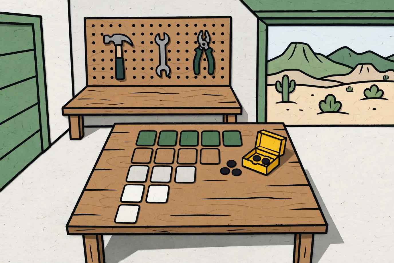 Five rows of colored cards of different lengths laid out on a table, with a box lid of dark tokens beside them