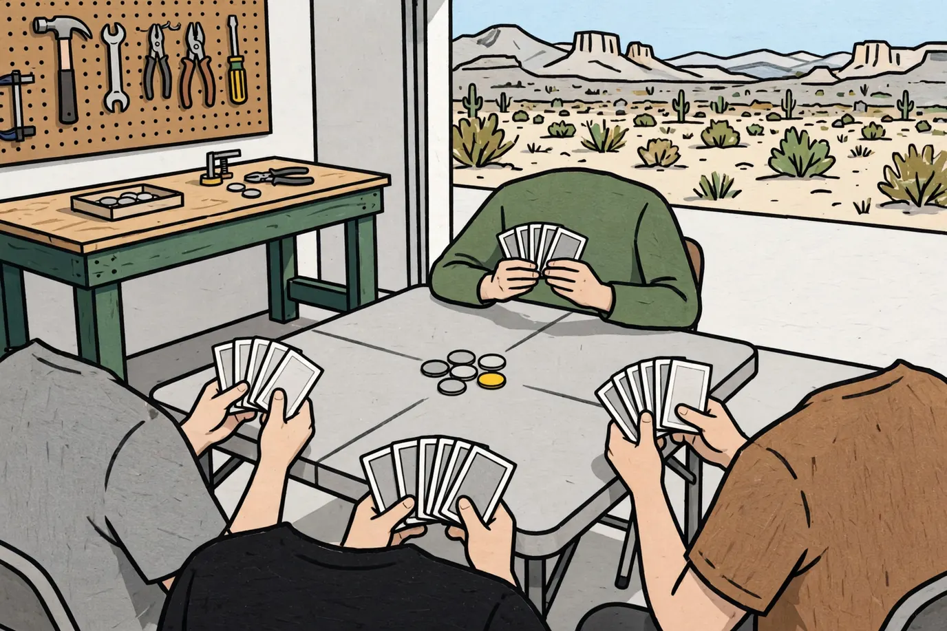 Players around a garage card table holding their cards facing outward, with small round tokens in the middle