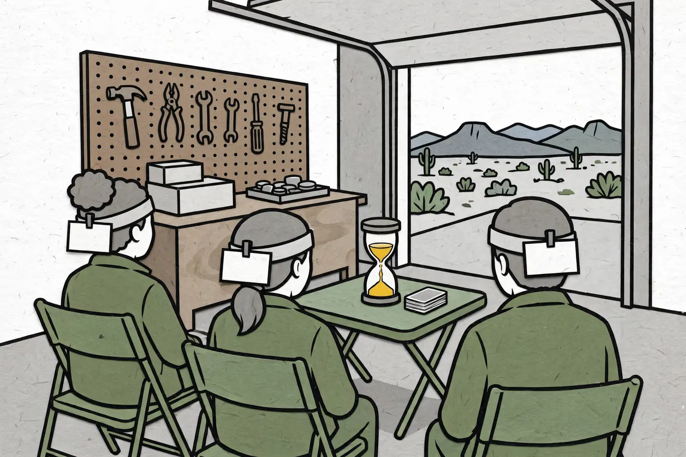 Three people seen from behind wearing headbands with blank cards clipped on, around a small table with a sand timer