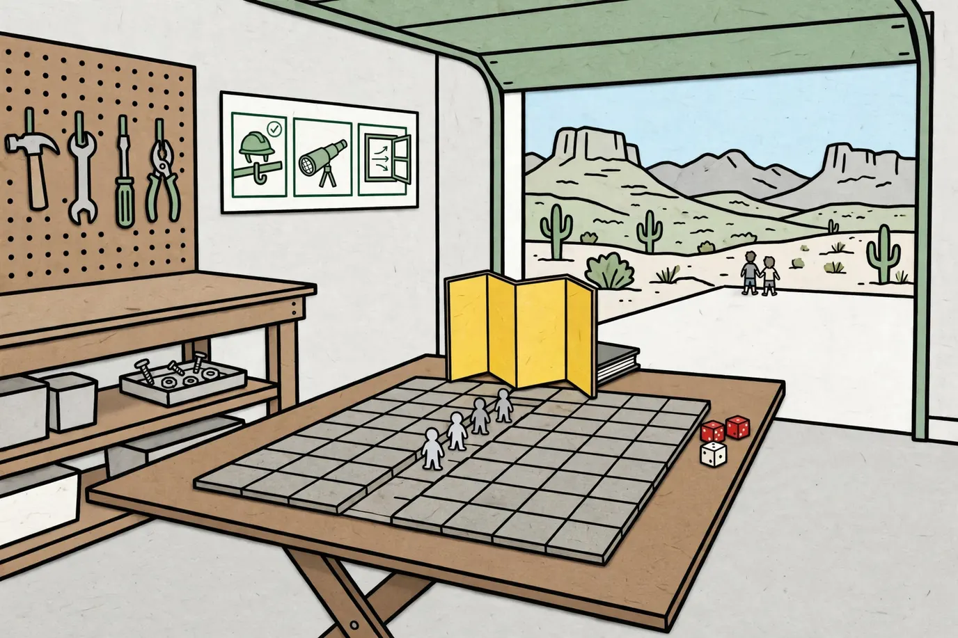A dungeon grid board on a garage table with tiny unpainted figures, dice and a folding screen at one end