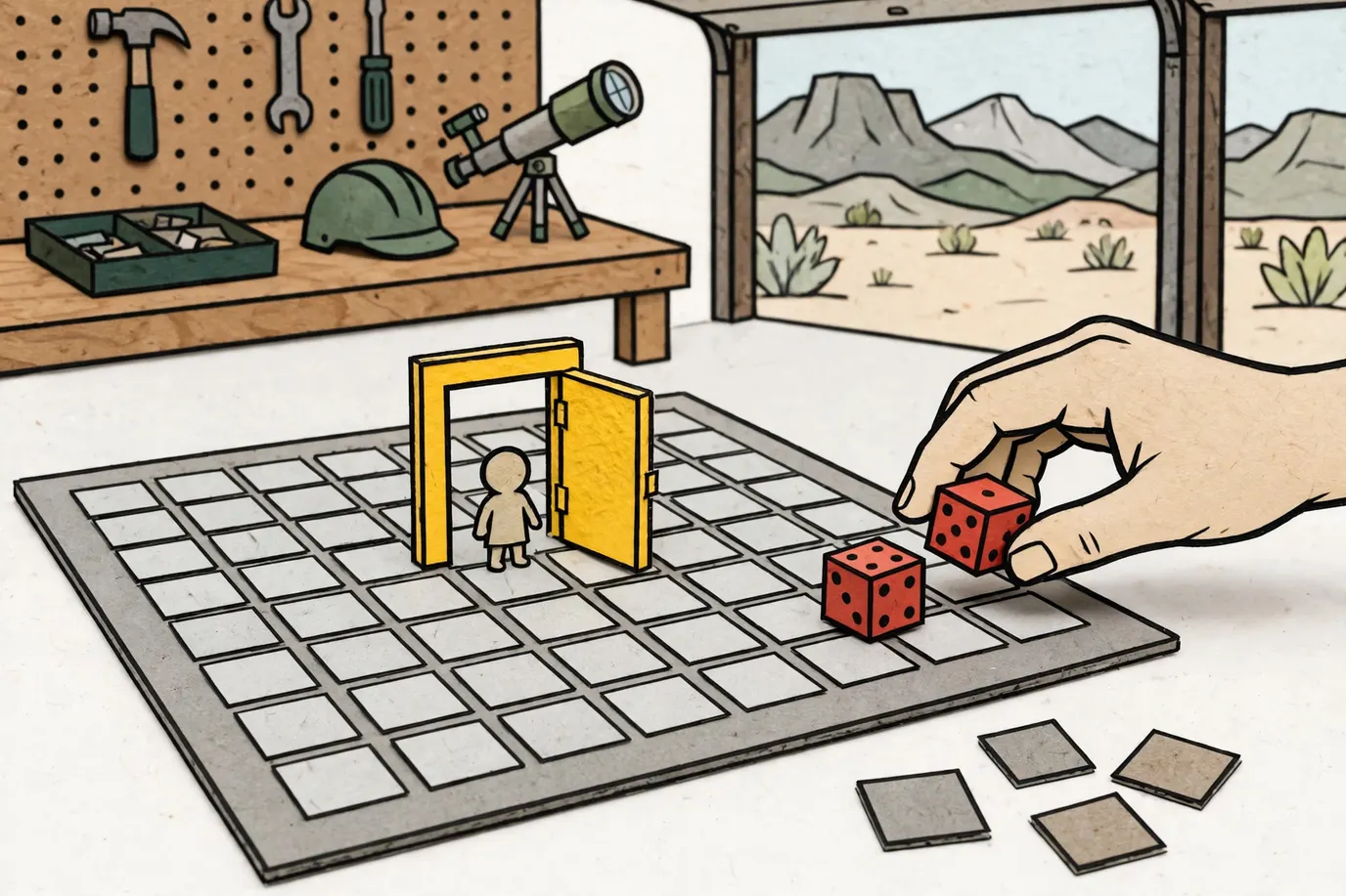 A tiny figure next to a cardboard door on a gray grid board, with a hand rolling two red dice beside it