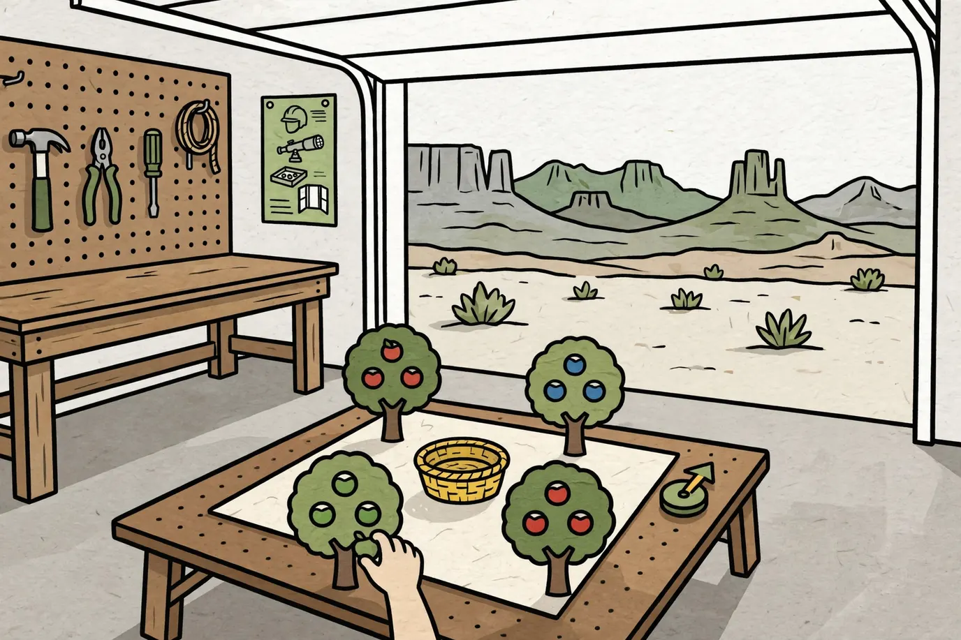 A simple fruit-tree game board with small plastic fruits, a basket in the middle and a spinner on a low garage table