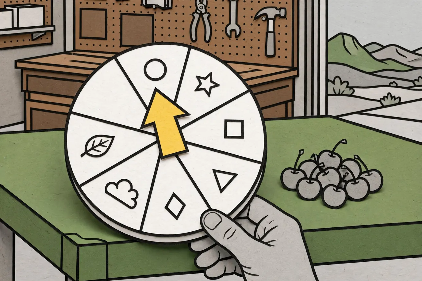 A round spinner with blank slices and an arrow, next to a few small red cherry pieces on a table