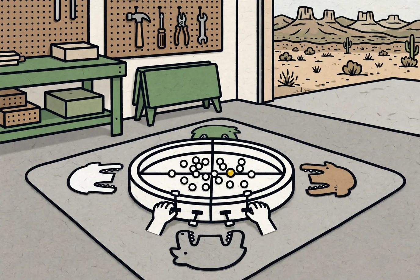 A round four-player marble game on a play mat with chomping animal shapes and white marbles in the middle