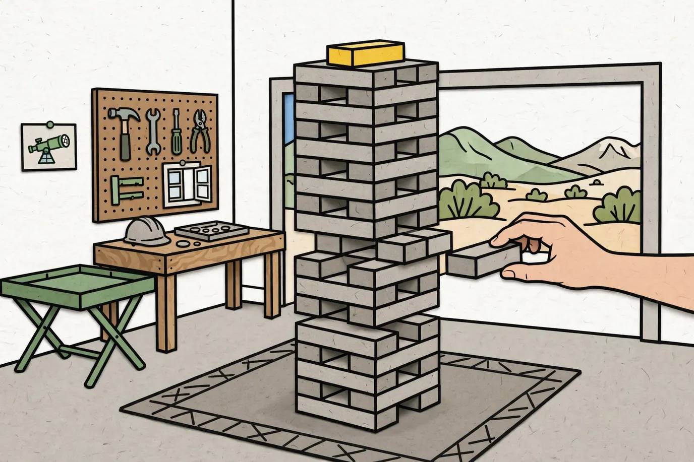 A tall wooden block tower on a garage floor with one hand pulling a block from the middle
