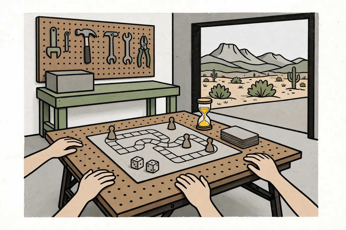A plain board game with a winding path, dice, pawns, a sand timer and a stack of cards on a folding table