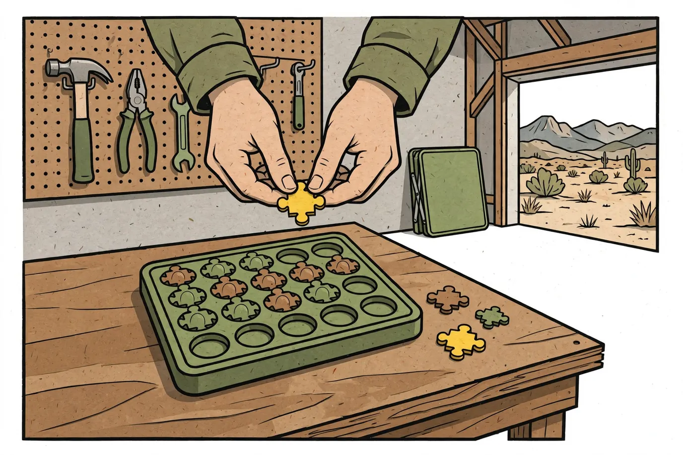 A puzzle tray with a dimpled grid partly filled with colorful bead shapes, and loose shapes beside it on a workbench