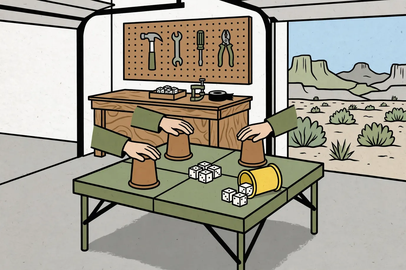 Four dice cups turned upside down on a folding table, one tilted to show the dice underneath