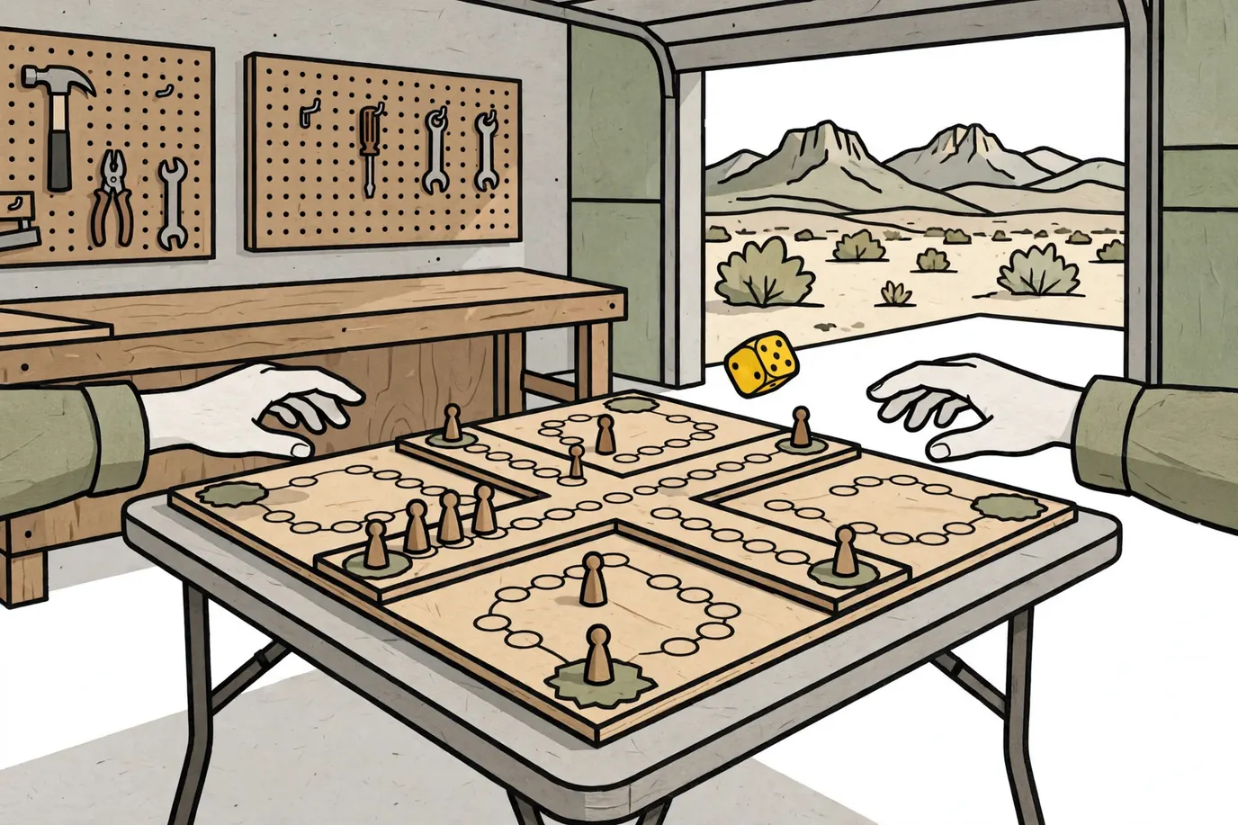 A wooden cross-shaped race board with four colored corner bases, small pawns and a rolling die on a garage table