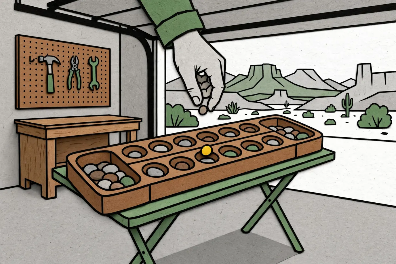 A wooden board with two rows of round pockets and colorful stones, a hand dropping one stone into a pocket