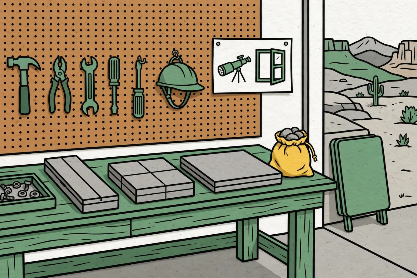 Three closed wooden game boards of different shapes on a garage workbench next to a small bag of stones