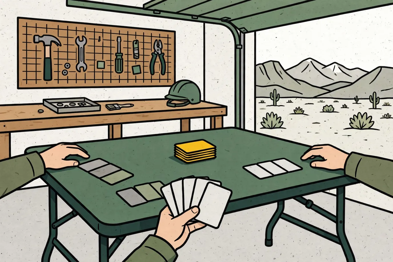 A card game on a garage table with small sets of colored cards laid out, a draw pile and one player's hand