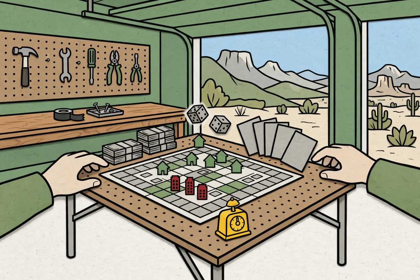 A property board game in progress on a garage table with houses, hotels, cards, play money and a kitchen timer