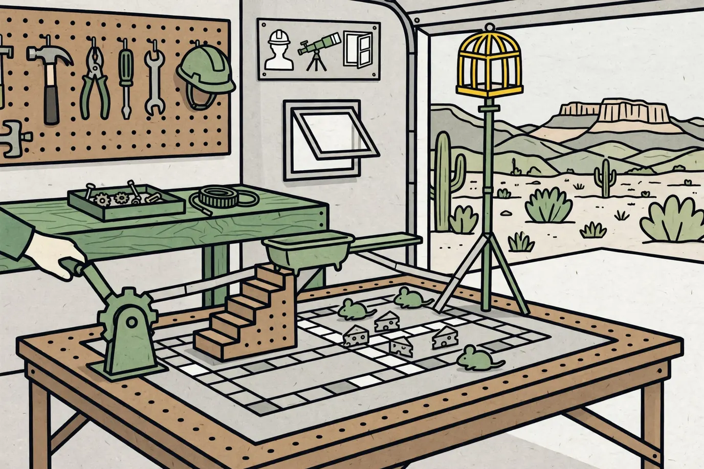 A plastic chain-reaction trap built on a game board, with stairs, a lever and a cage on a pole, and small mouse pawns
