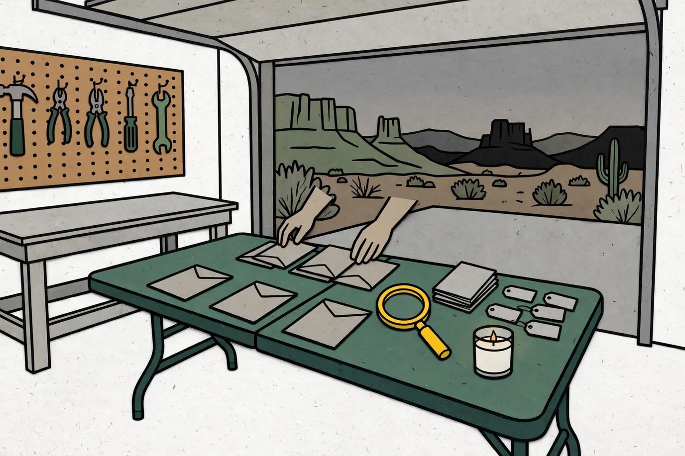 Plain envelopes, blank name tags, booklets and a magnifying glass laid out on a garage table for a mystery night