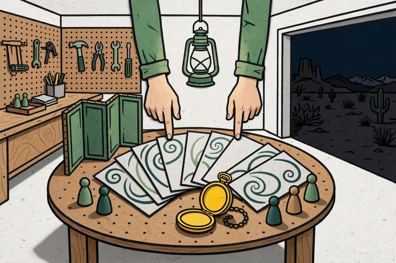 Abstract picture cards, a small screen, colored pawns and a pocket watch on a lantern-lit garage table