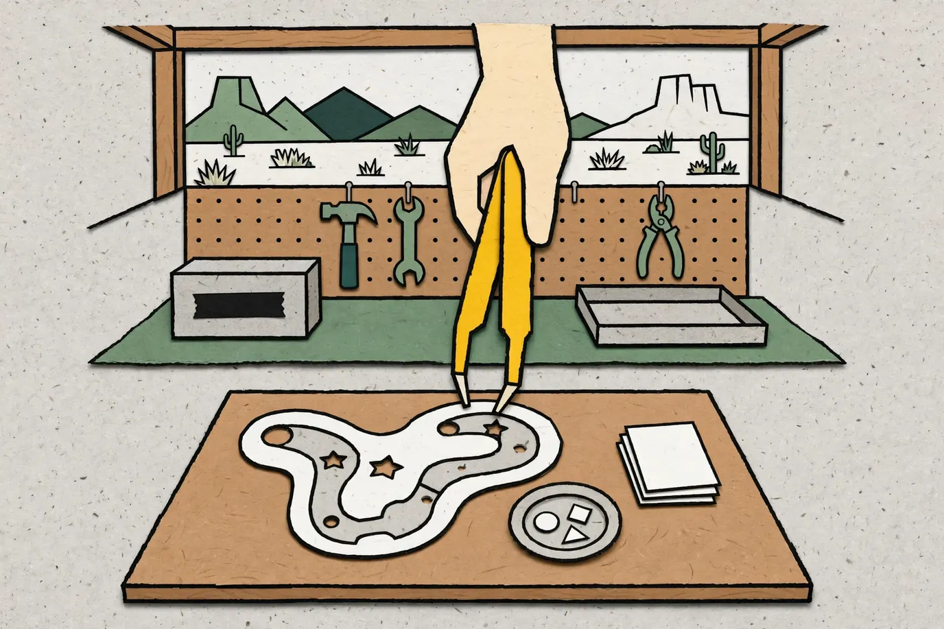 A hand holding metal tweezers over a flat game board with small openings, next to a dish of tiny pieces