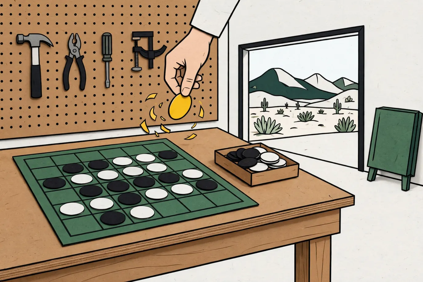 A hand flipping a two-sided disc on a green 8 by 8 grid board half covered with dark and light discs