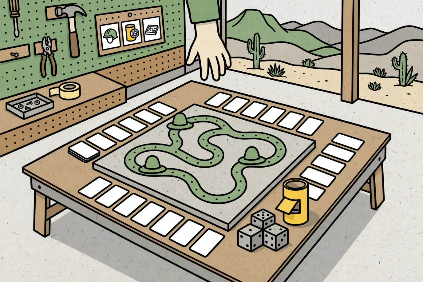 A square game board with small hat pawns, chunky dice and a row of face-down cards on a low garage table