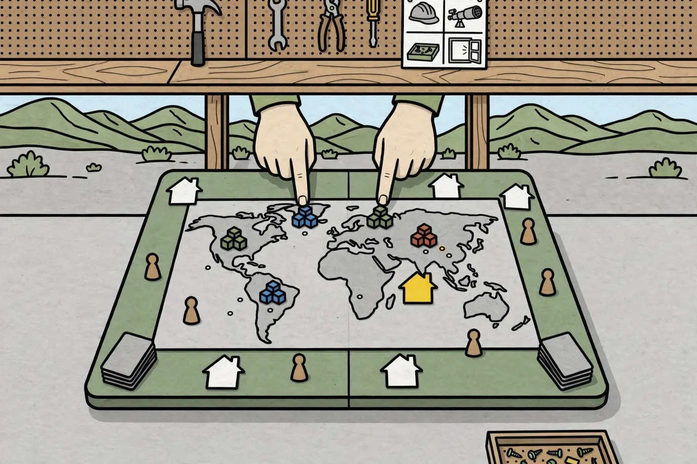 A world map game board with small colored cubes, wooden pawns and two card decks on a garage table