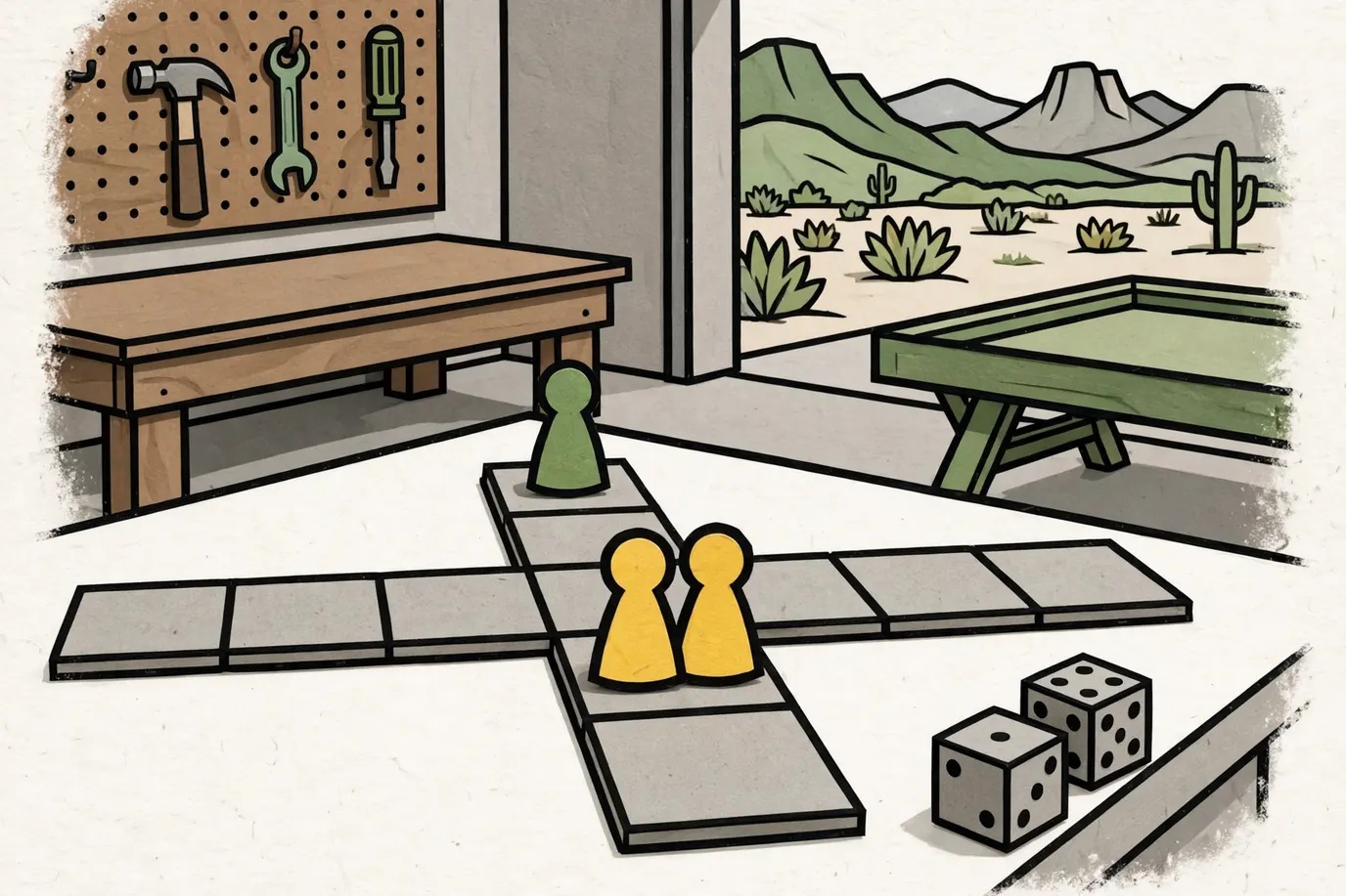 Two matching pawns side by side on one square of a game track, with another pawn stuck behind them