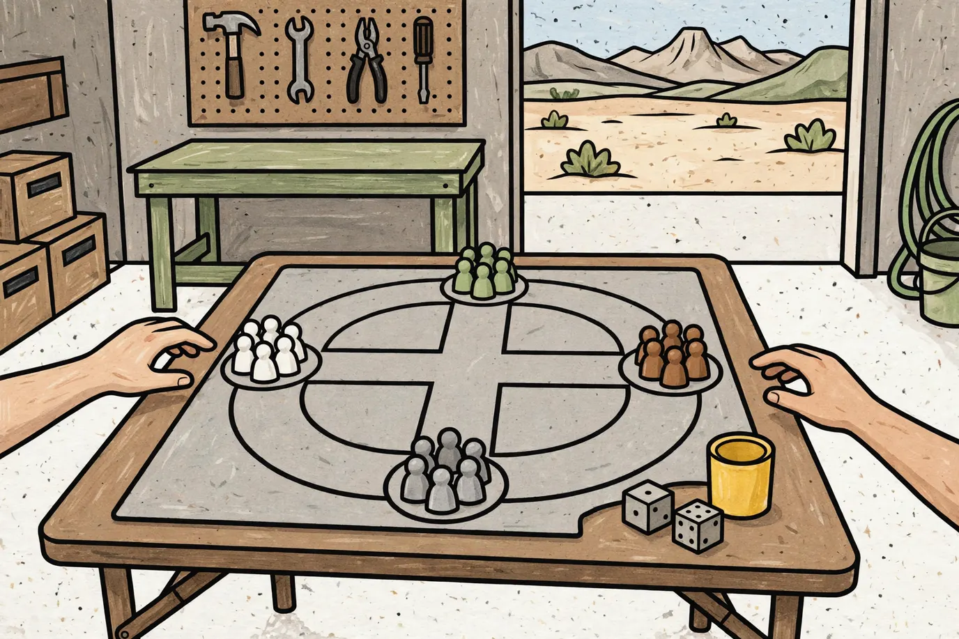 A plain cross-shaped race board on a garage table with four groups of pawns, two dice and a dice cup