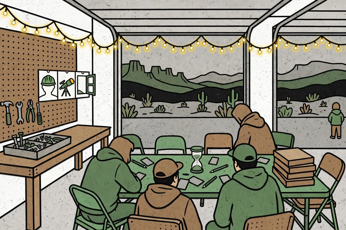 A long folding table in an open garage with chairs, blank game boxes, cards and a sand timer, string lights overhead