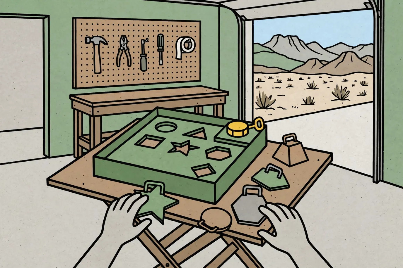 A shape-matching game unit with a wind-up dial on a garage table, plain plastic shapes laid out beside it