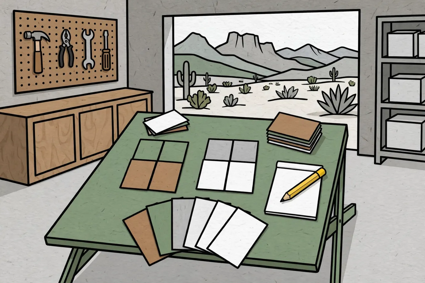 A hand of colored cards, two laid-down card groups, a draw pile and a score pad on a garage card table