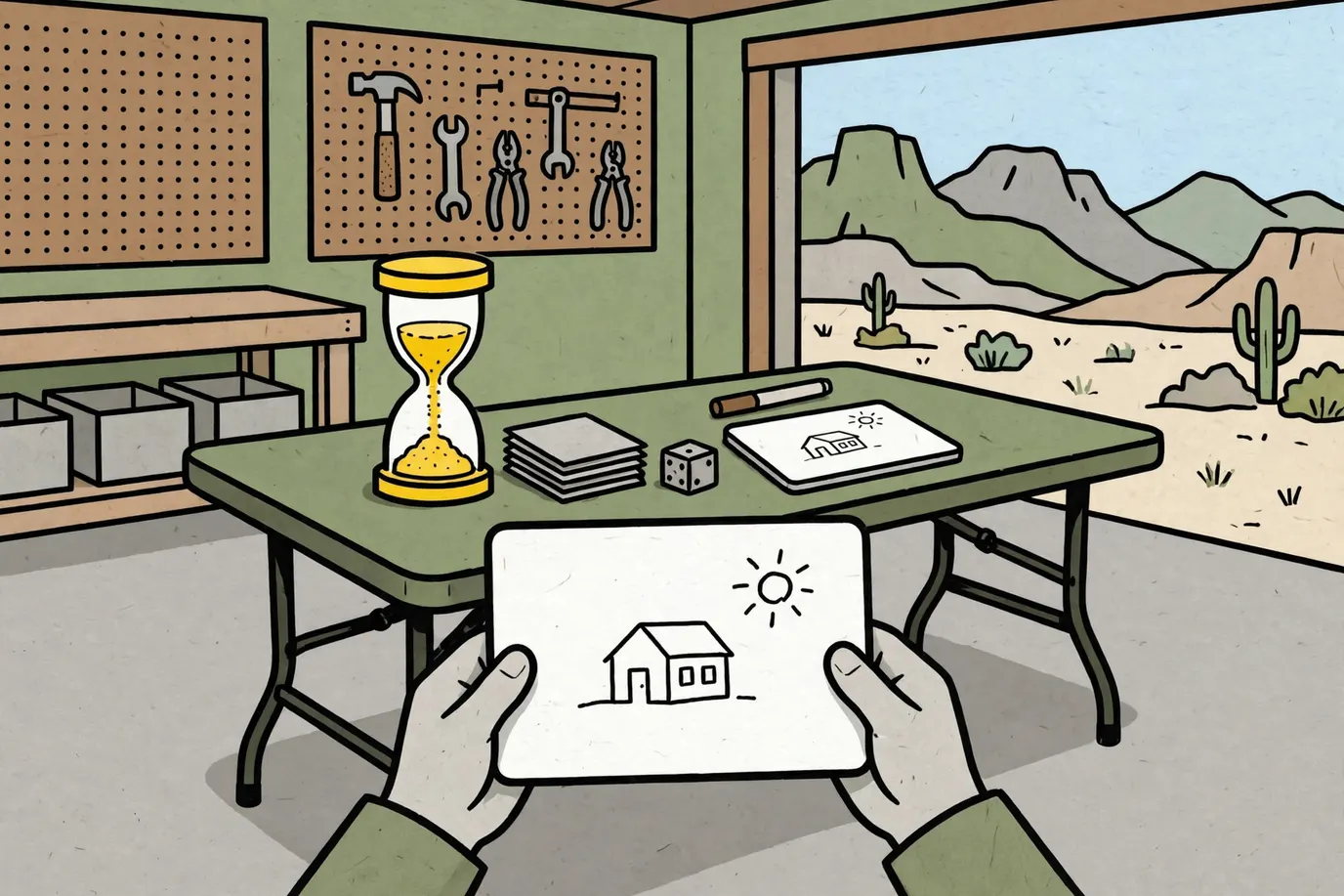 Two erasable drawing boards with a simple doodle, a marker, a running sand timer and a stack of cards on a garage table