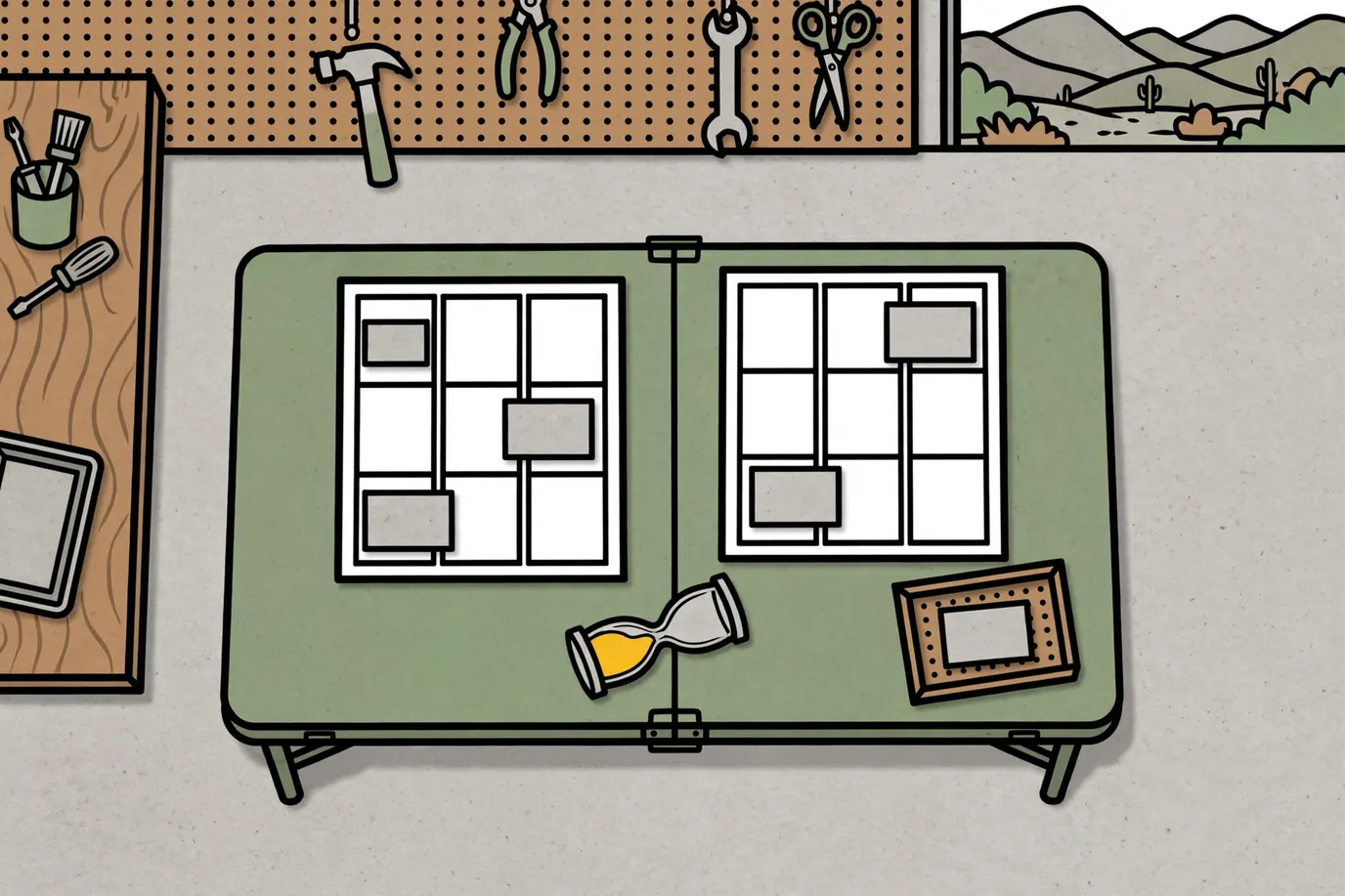 Two plain scoring boards with cards placed in their boxes and a sand timer lying on its side