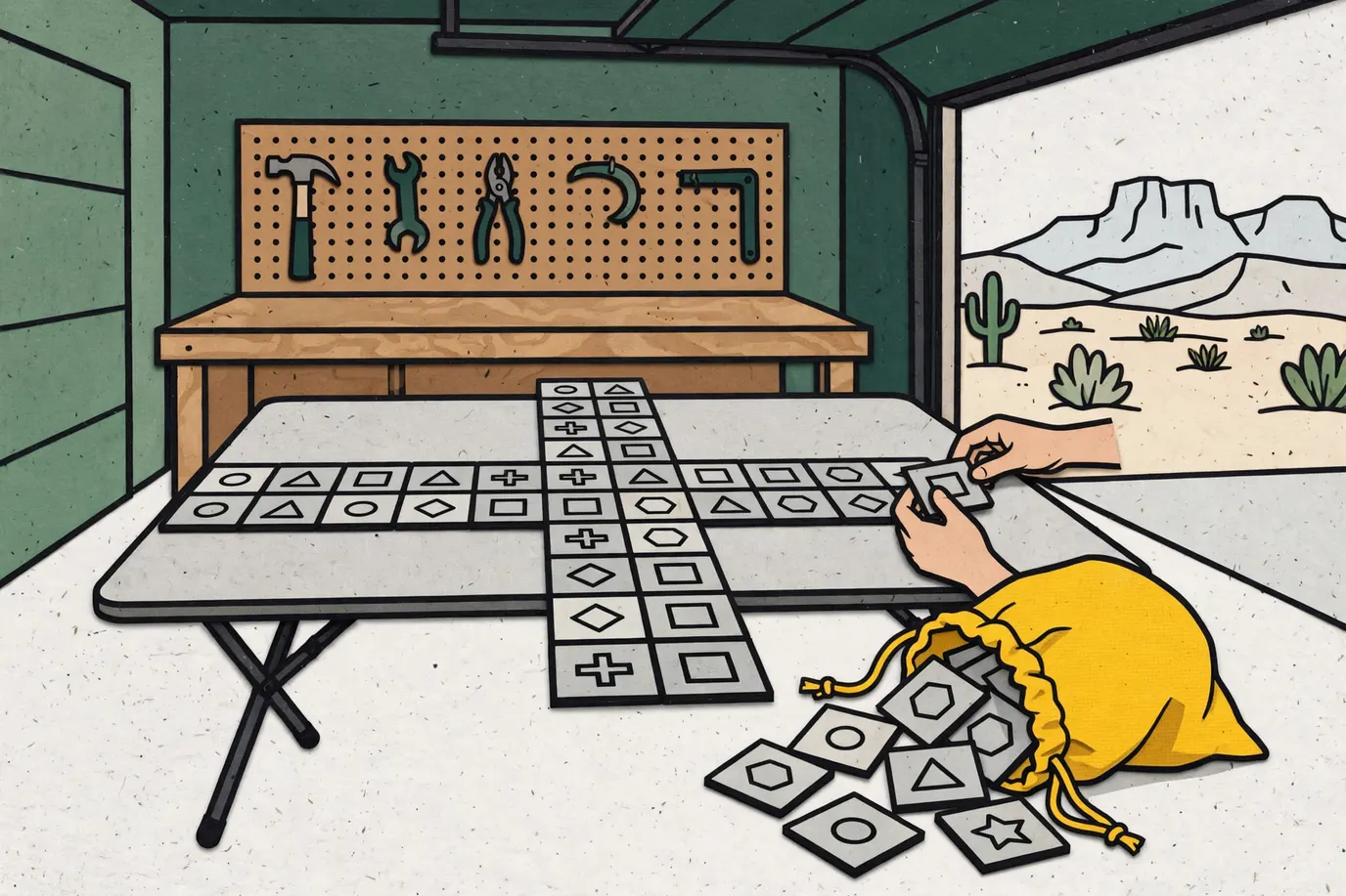 Square wooden tiles laid out in crossing lines on a folding table, with a cloth tile bag and a hand placing a tile