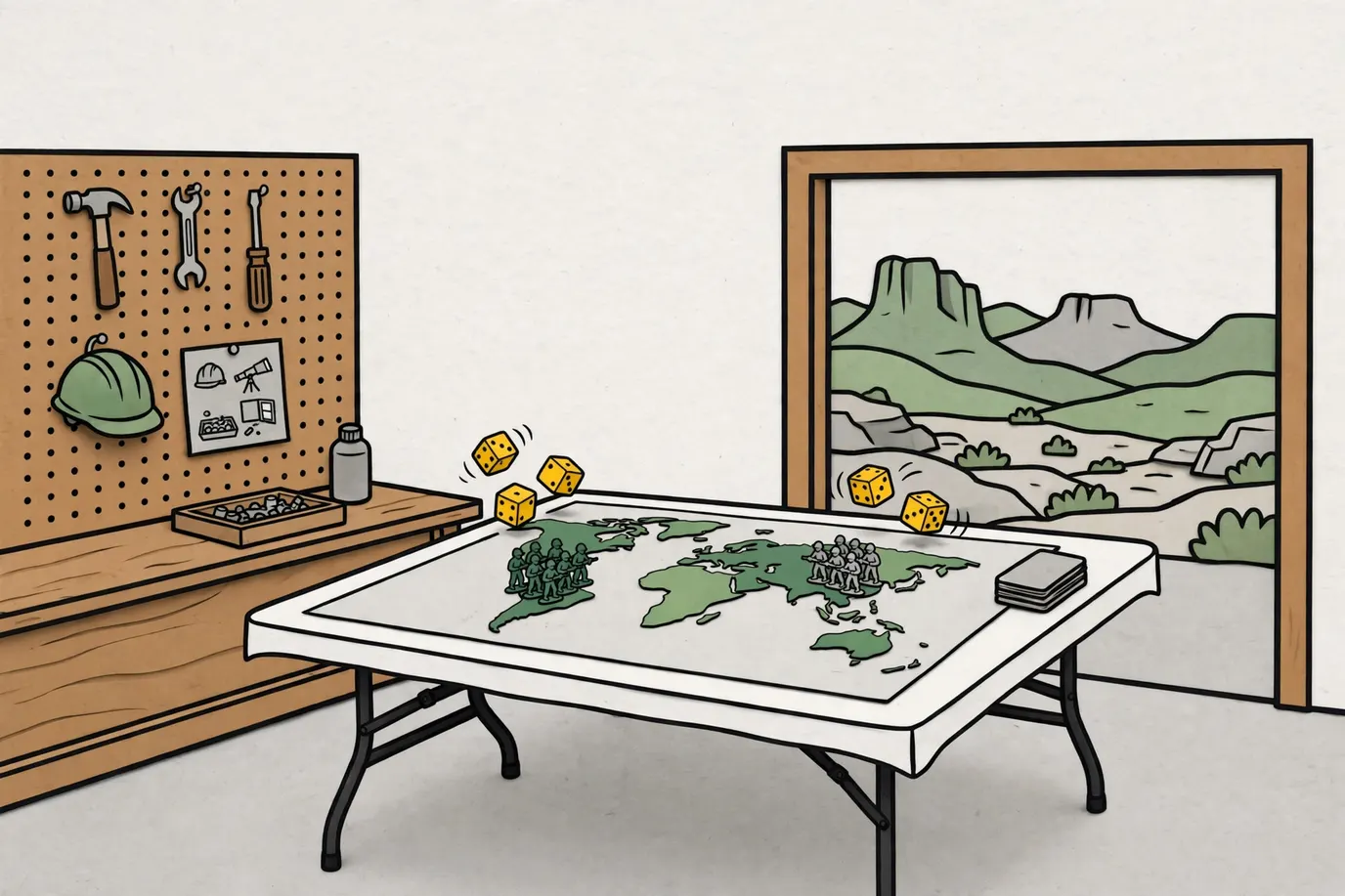 A generic map board on a folding table with small army pieces, a stack of cards and five dice rolling