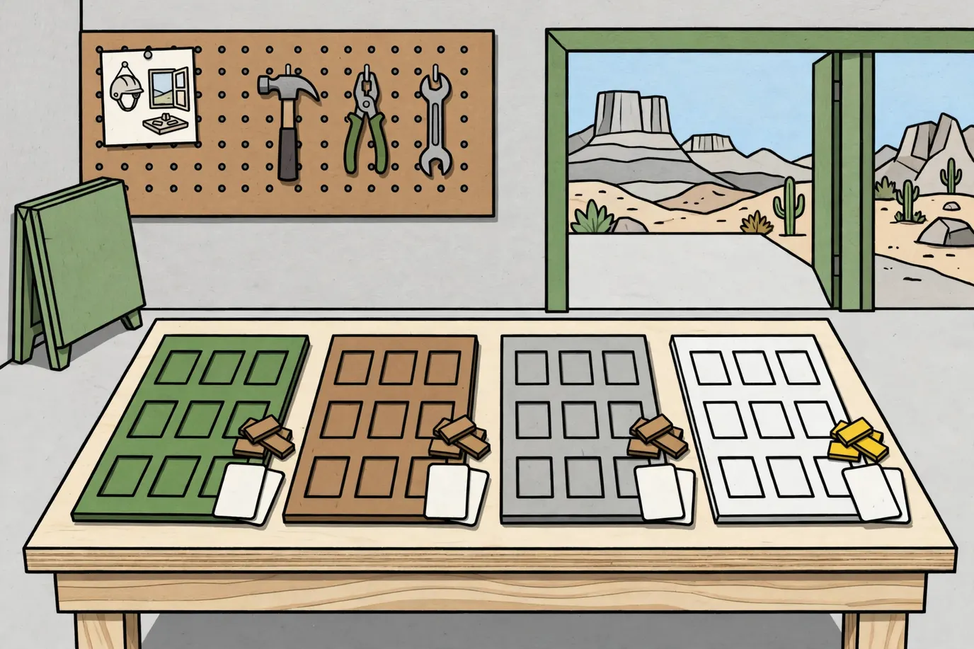 Four different colored player boards on a workbench, each with its own pile of wooden pieces and cards