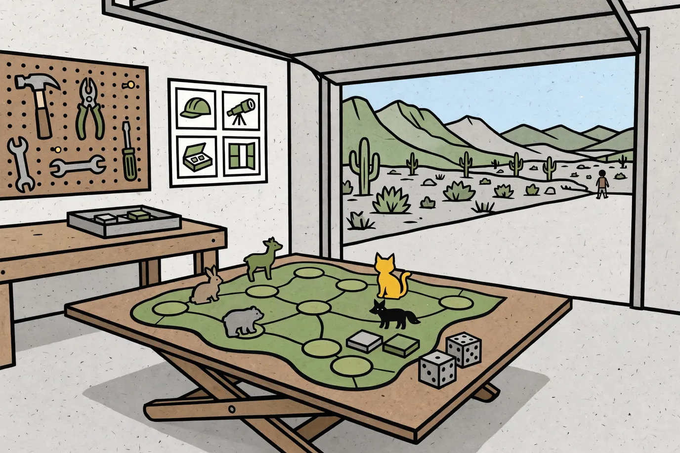A forest map board with round clearings and small wooden animal pieces in four colors on a folding table