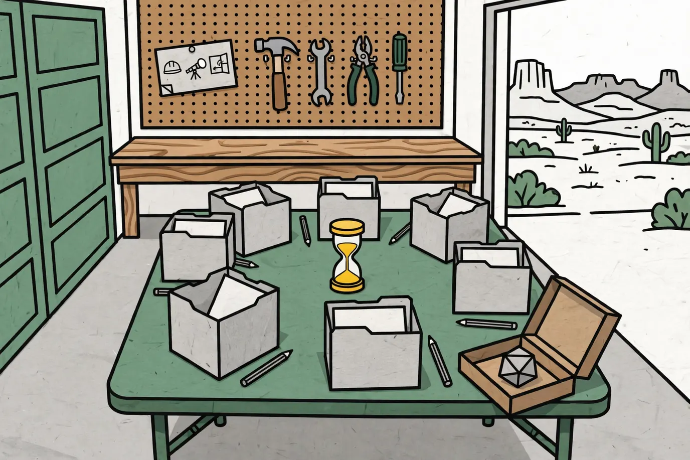 Six open cardboard folders with blank answer sheets around a sand timer and a large many-sided die in a box lid
