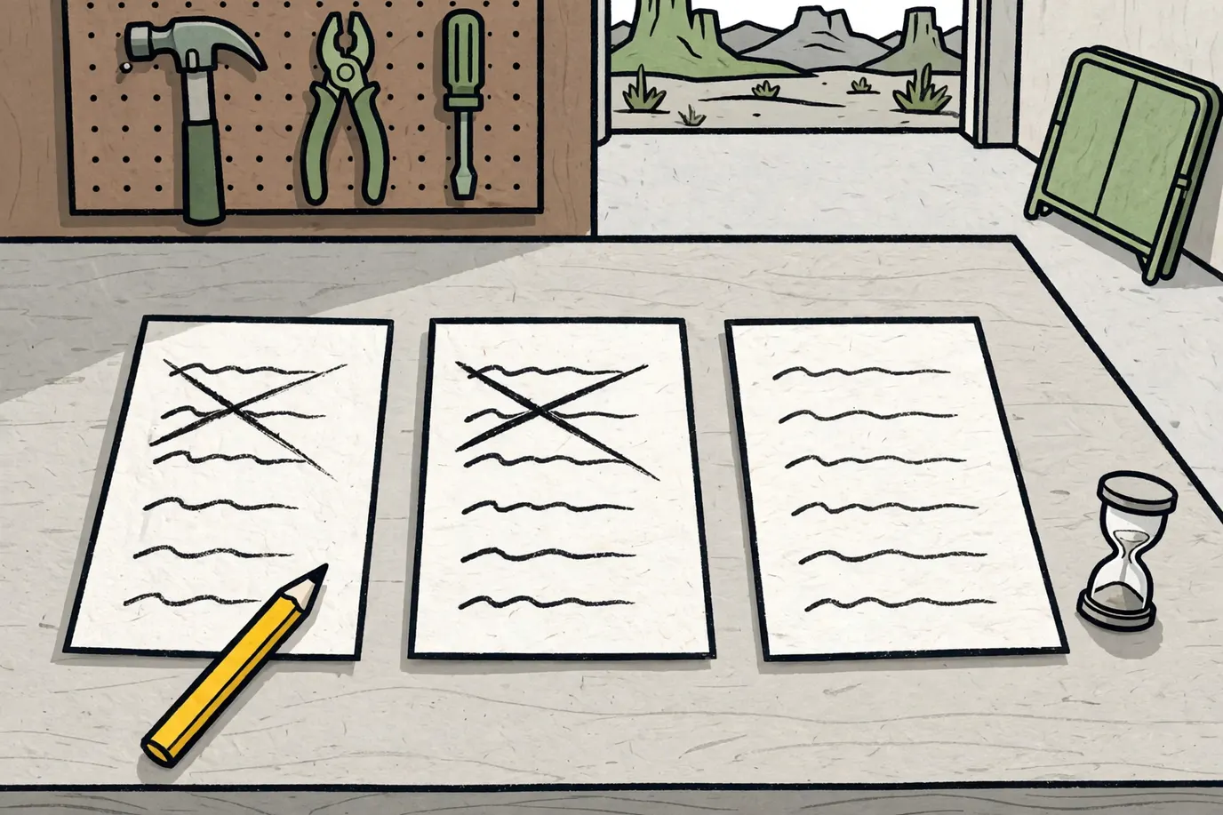 Three answer sheets side by side on a workbench with some scribbled lines crossed out, a pencil and an empty sand timer