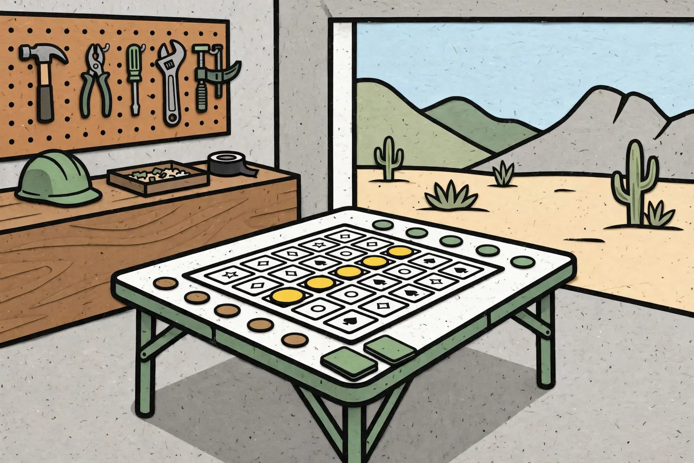A grid game board on a folding table with colored chips, one diagonal row of five matching chips and a few cards