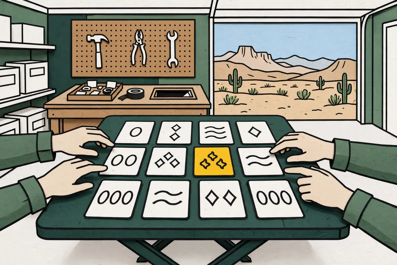 Twelve pattern cards in a grid on a garage folding table with two pairs of hands reaching for the same three cards