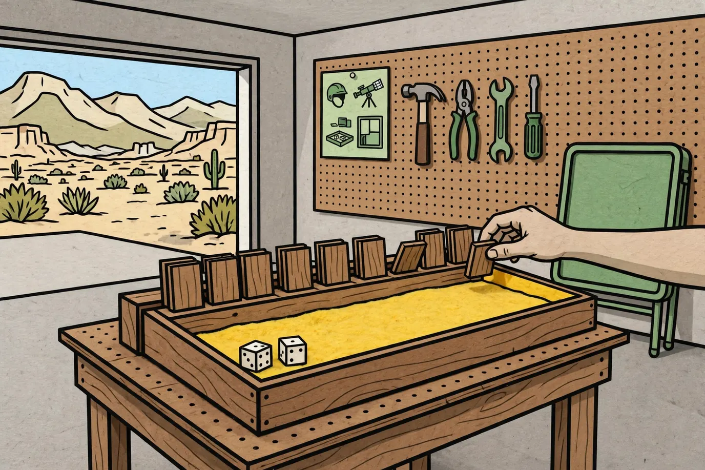 A wooden flip-tile dice box on a garage workbench with some tiles flipped down and two dice in the felt tray