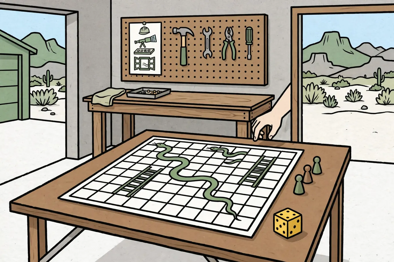 A ladders-and-snakes race board on a low garage table with a wooden die and small peg pawns beside it