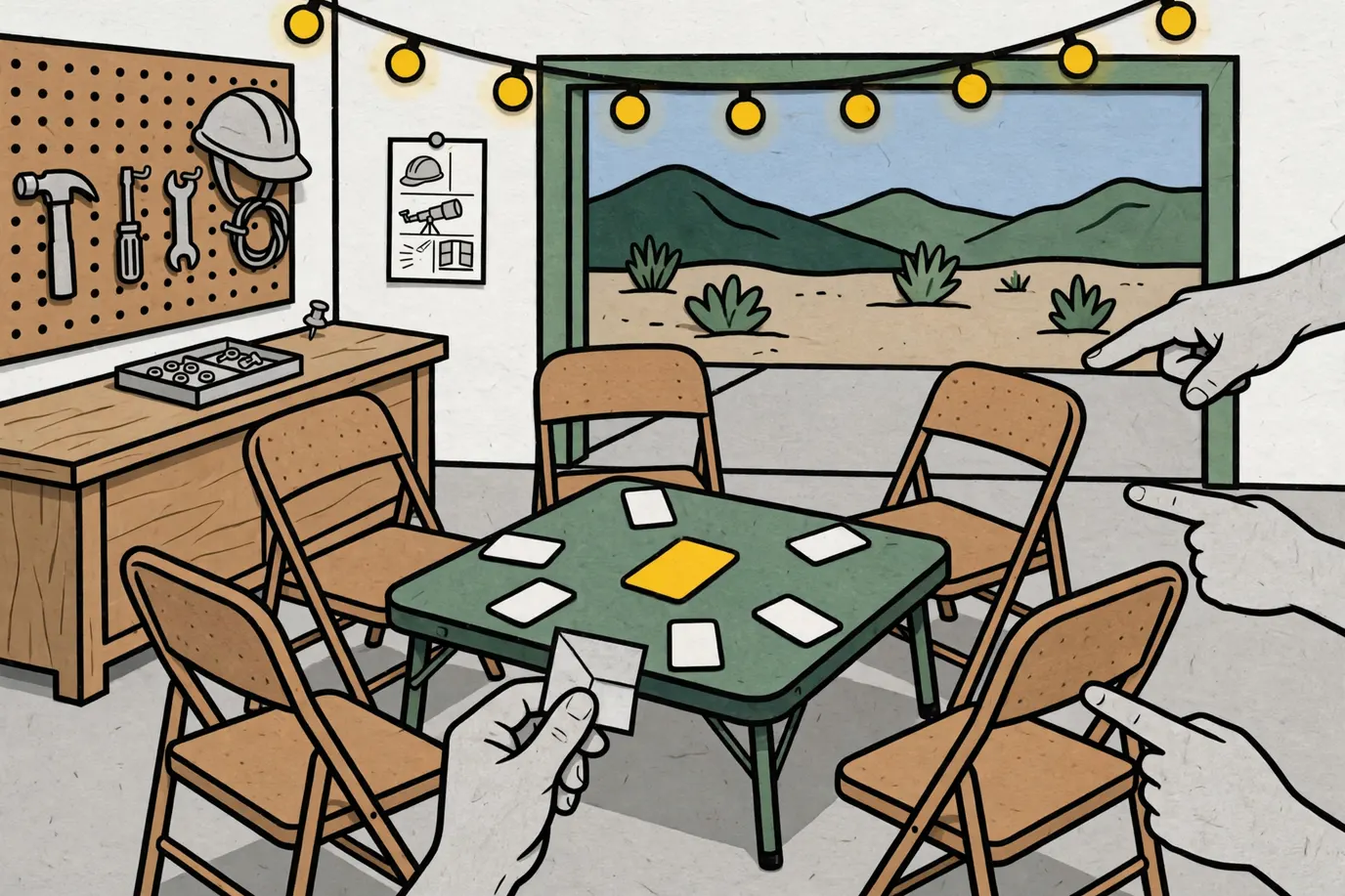 Folding chairs around a low garage table with face-down role cards and hands pointing at different seats